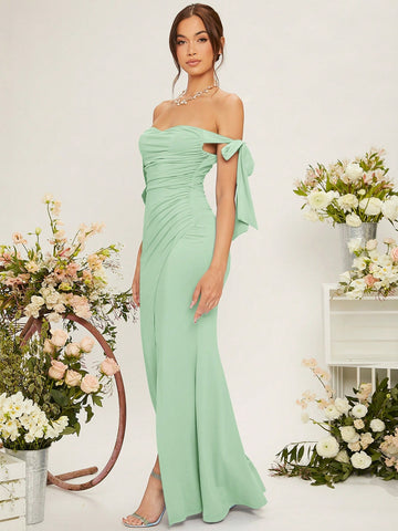 Off Shoulder Knot Side Ruched Wrap Hem Dress