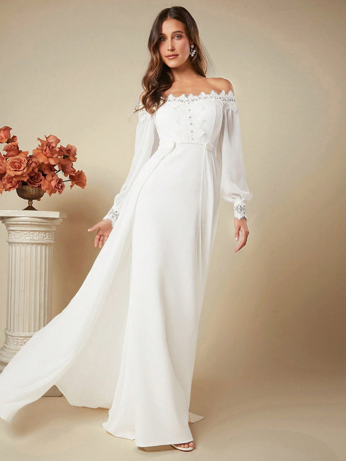 Belle Off Shoulder Lace Trim Lantern Sleeve Maxi Wedding Dress