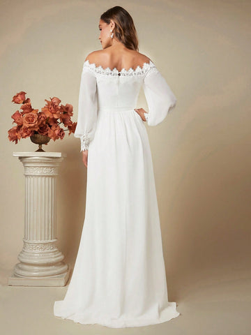Belle Off Shoulder Lace Trim Lantern Sleeve Maxi Wedding Dress