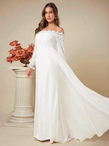 Belle Off Shoulder Lace Trim Lantern Sleeve Maxi Wedding Dress