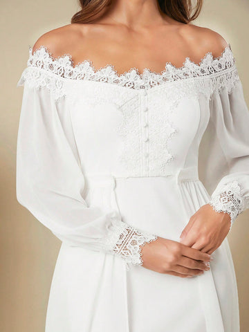 Belle Off Shoulder Lace Trim Lantern Sleeve Maxi Wedding Dress