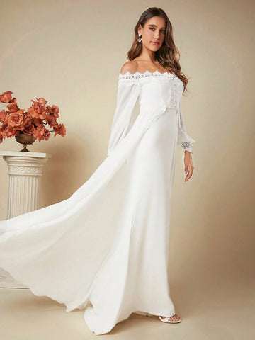 Belle Off Shoulder Lace Trim Lantern Sleeve Maxi Wedding Dress