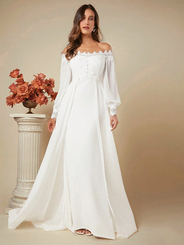 Belle Off Shoulder Lace Trim Lantern Sleeve Maxi Wedding Dress