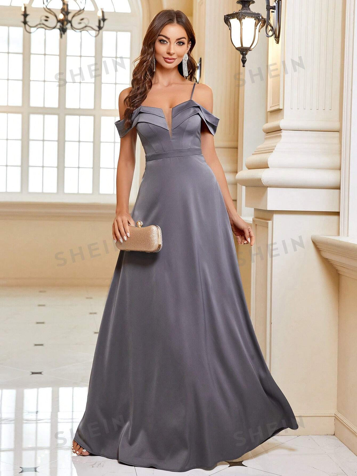 Off Shoulder Mesh Insert Bridesmaid Dress