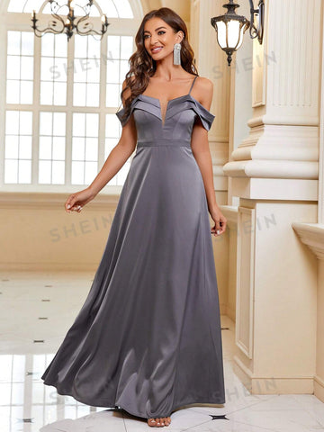 Off Shoulder Mesh Insert Bridesmaid Dress