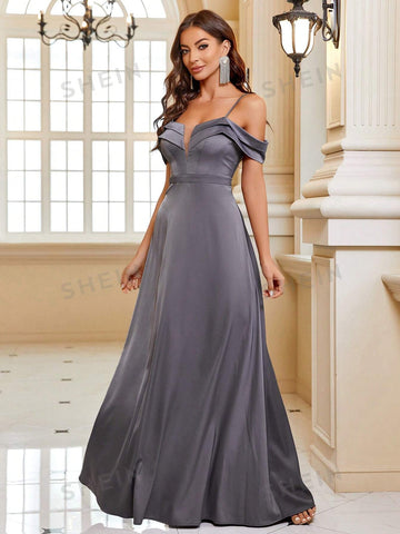 Off Shoulder Mesh Insert Bridesmaid Dress