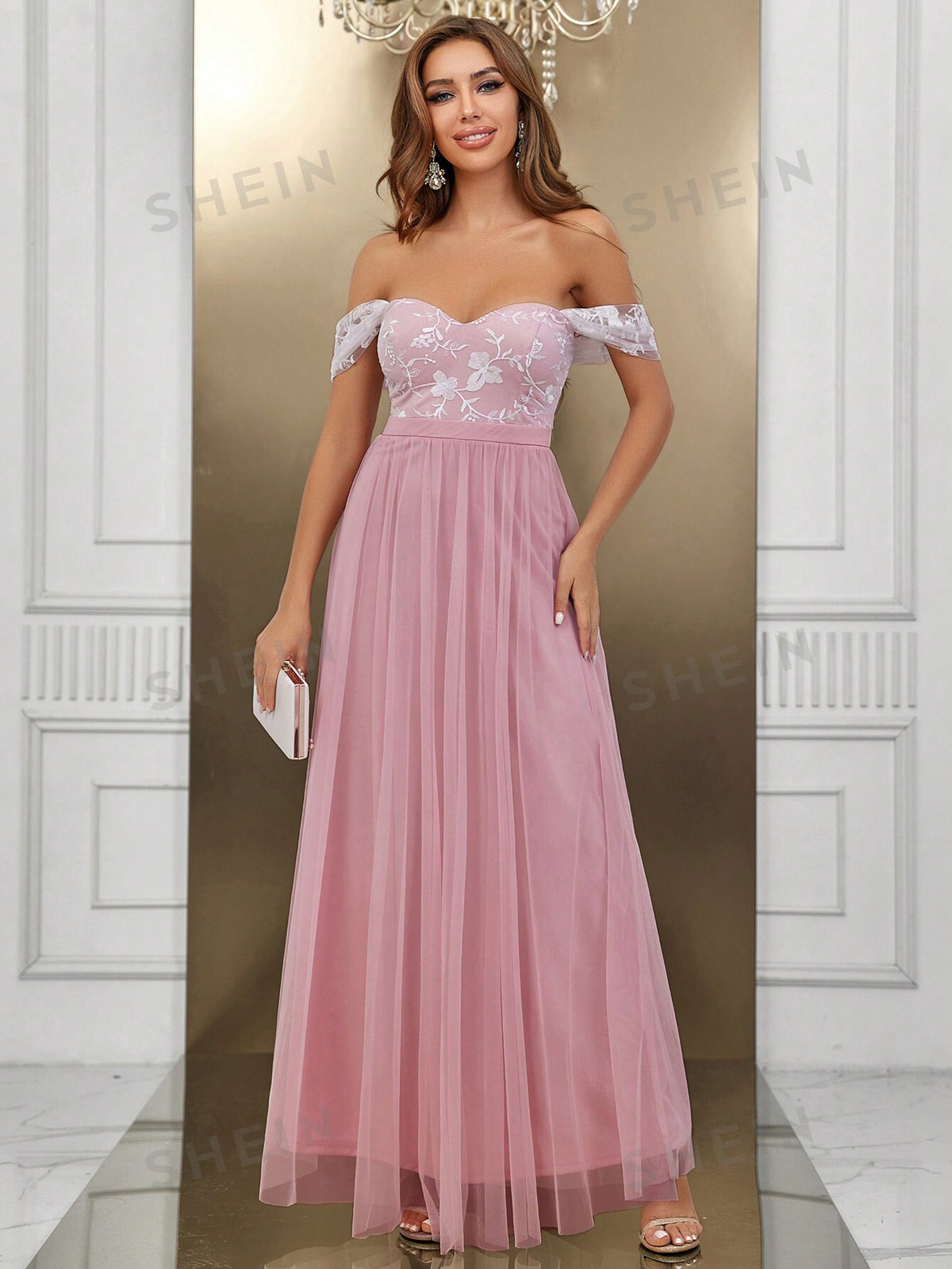 Off Shoulder Mesh Overlay Bridesmaid Dress