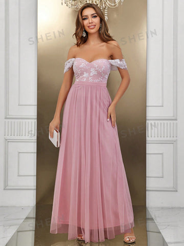 Off Shoulder Mesh Overlay Bridesmaid Dress