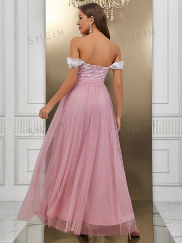 Off Shoulder Mesh Overlay Bridesmaid Dress