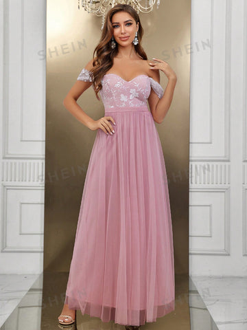 Off Shoulder Mesh Overlay Bridesmaid Dress