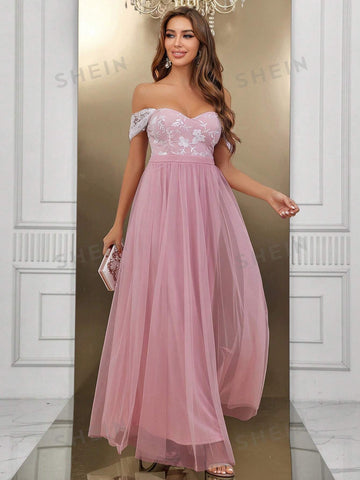 Off Shoulder Mesh Overlay Bridesmaid Dress