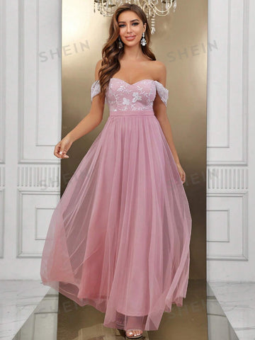 Off Shoulder Mesh Overlay Bridesmaid Dress