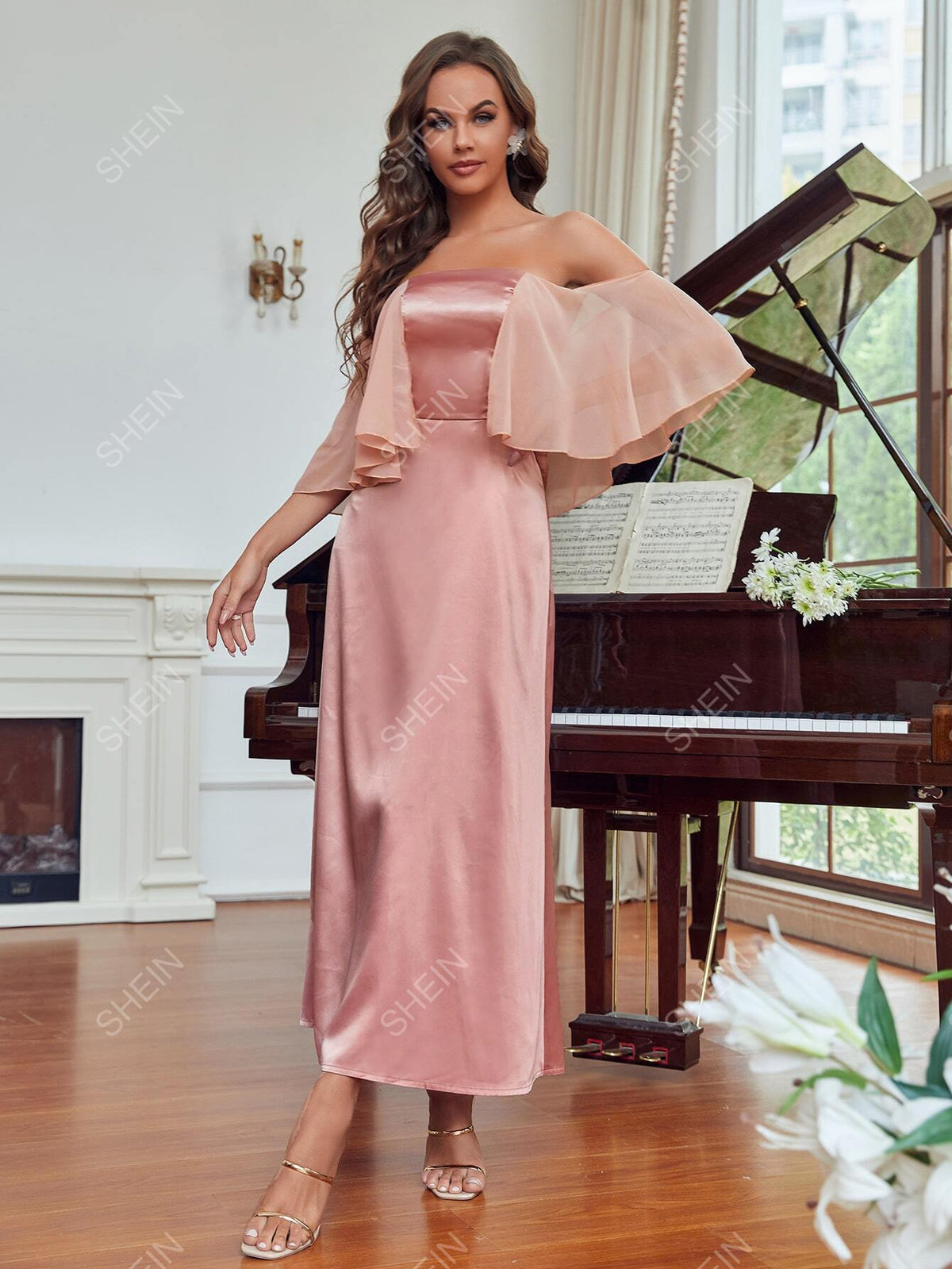 Off Shoulder Overlay Satin Bridesmaid Dress