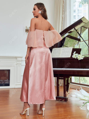 Off Shoulder Overlay Satin Bridesmaid Dress