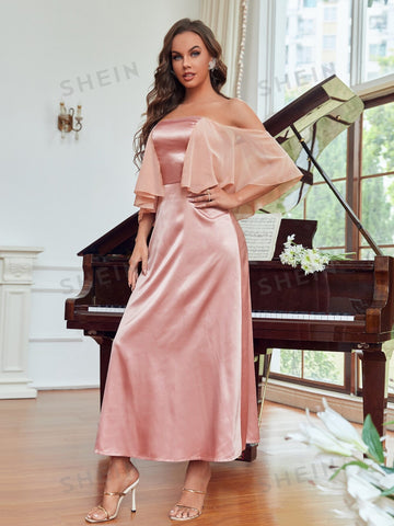 Off Shoulder Overlay Satin Bridesmaid Dress