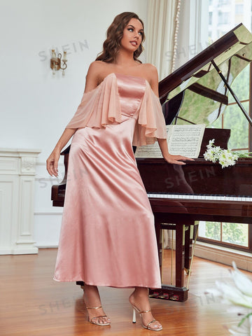 Off Shoulder Overlay Satin Bridesmaid Dress