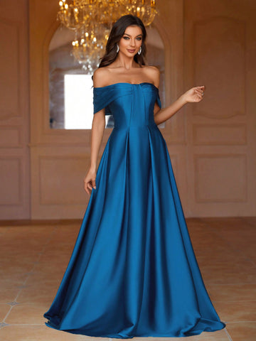 Off Shoulder Pleated Bridesmaid Dress With Chest Cutout Design