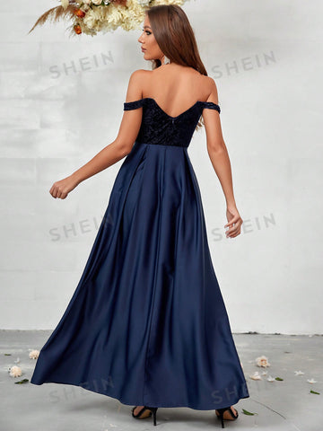 Off Shoulder Plicated Detail Bridesmaid Dres