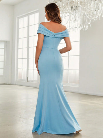 Off Shoulder Rhinestone Detail Draped Side Mermaid Hem Bridesmaid Dress