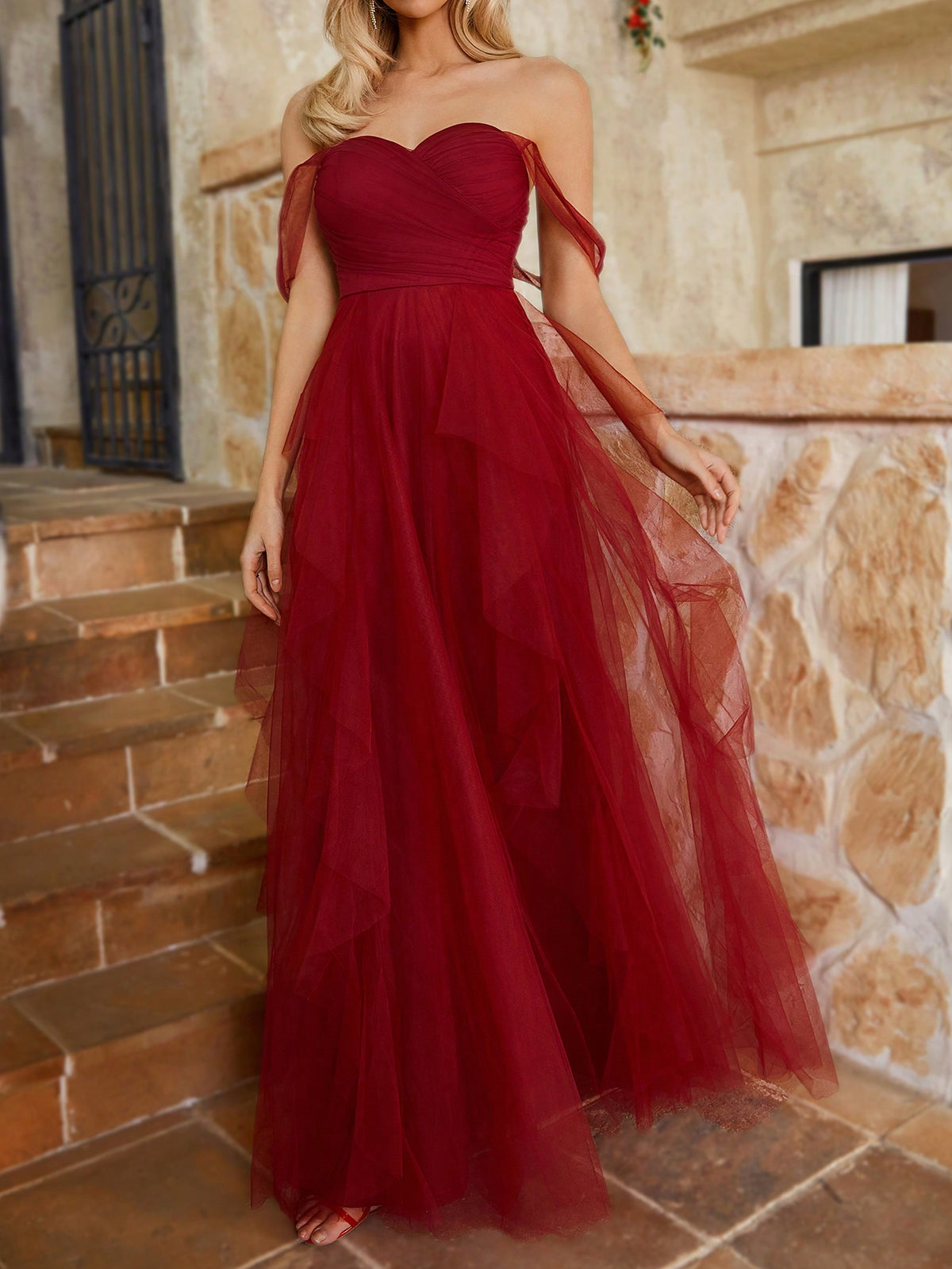 Off Shoulder Ruched Bodice Irregular Tiered Mesh Bridesmaid Dress With Ruffle Hem