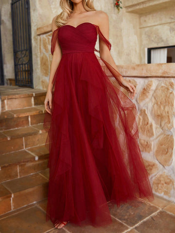 Off Shoulder Ruched Bodice Irregular Tiered Mesh Bridesmaid Dress With Ruffle Hem