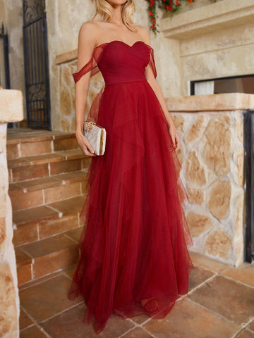 Off Shoulder Ruched Bodice Irregular Tiered Mesh Bridesmaid Dress With Ruffle Hem