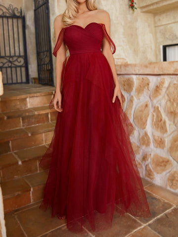 Off Shoulder Ruched Bodice Irregular Tiered Mesh Bridesmaid Dress With Ruffle Hem