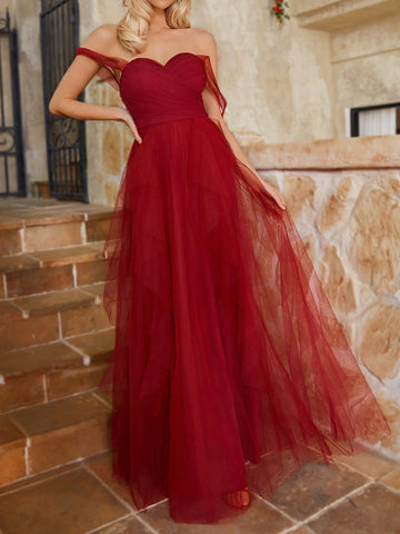 Off Shoulder Ruched Bodice Irregular Tiered Mesh Bridesmaid Dress With Ruffle Hem