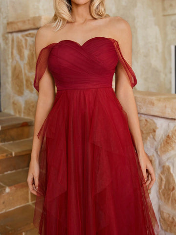 Off Shoulder Ruched Bodice Irregular Tiered Mesh Bridesmaid Dress With Ruffle Hem