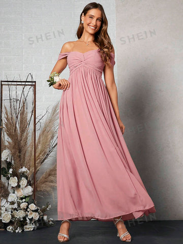 Off Shoulder Ruched Bust Bridesmaid Dress