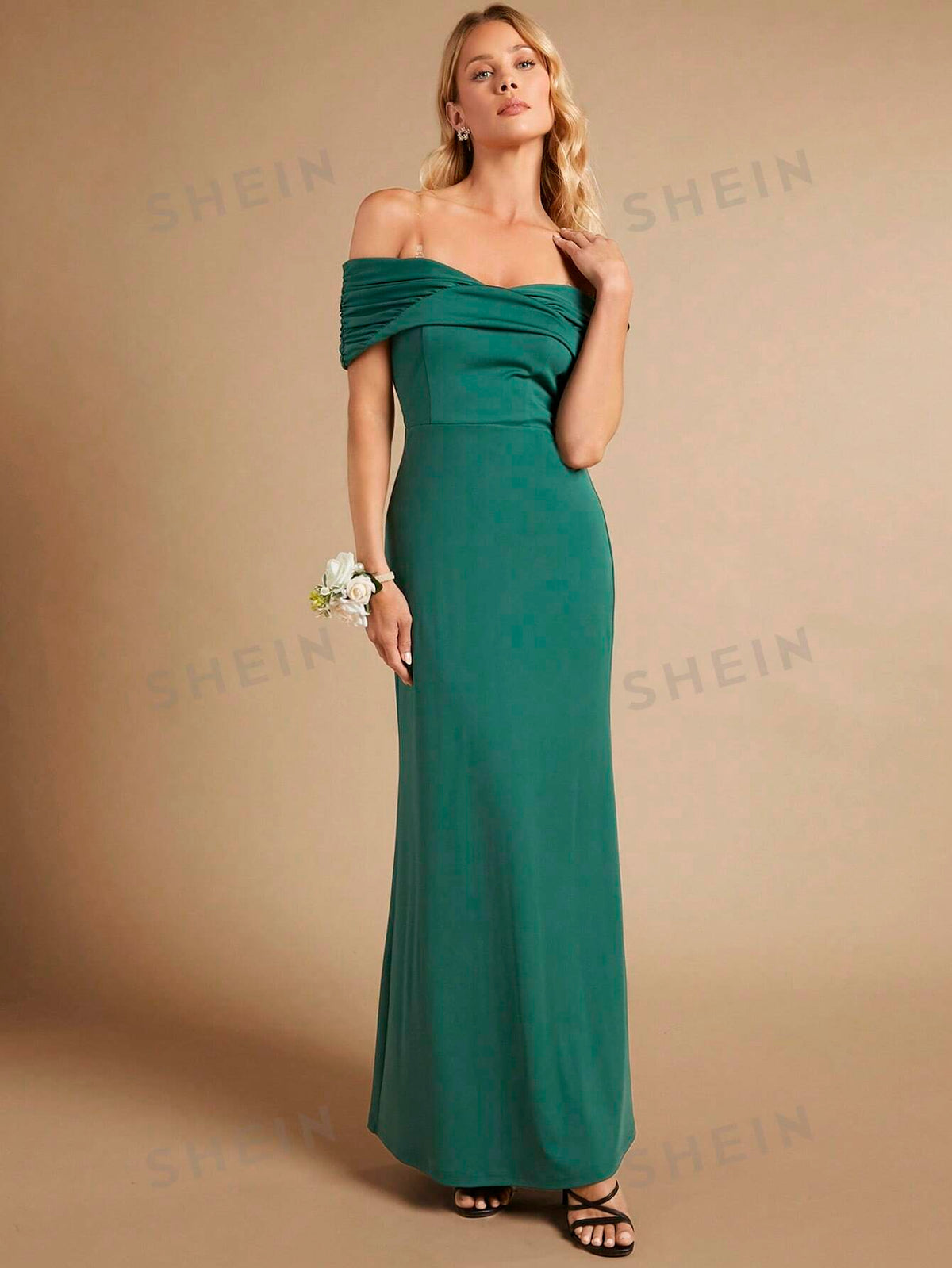 Off Shoulder Ruched Front Mermaid Hem Bridesmaid Dress With Transparent Straps