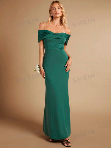 Off Shoulder Ruched Front Mermaid Hem Bridesmaid Dress With Transparent Straps