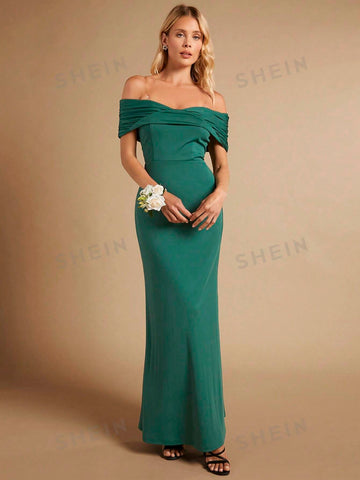 Off Shoulder Ruched Front Mermaid Hem Bridesmaid Dress With Transparent Straps