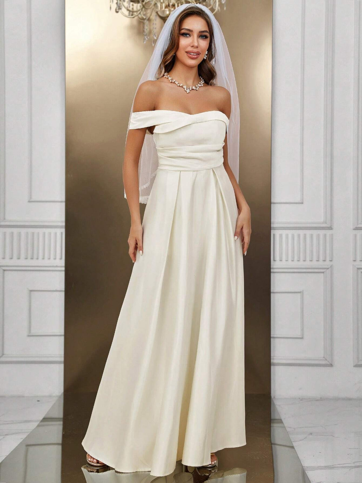 Off Shoulder Ruched Maxi Wedding Dress Without Veil