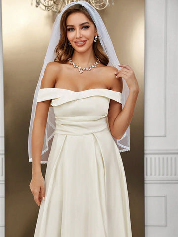 Off Shoulder Ruched Maxi Wedding Dress Without Veil