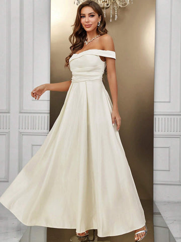 Off Shoulder Ruched Maxi Wedding Dress Without Veil