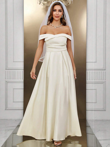 Off Shoulder Ruched Maxi Wedding Dress Without Veil