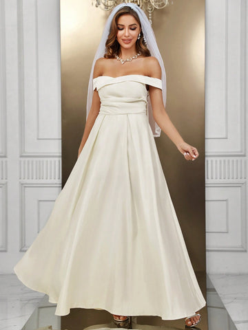 Off Shoulder Ruched Maxi Wedding Dress Without Veil
