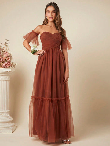 Belle Off Shoulder Ruched Ruffle Hem Mesh Maxi Dress