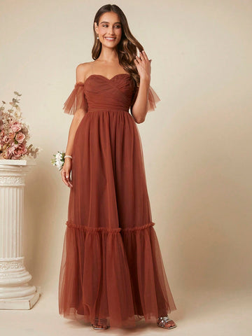 Belle Off Shoulder Ruched Ruffle Hem Mesh Maxi Dress