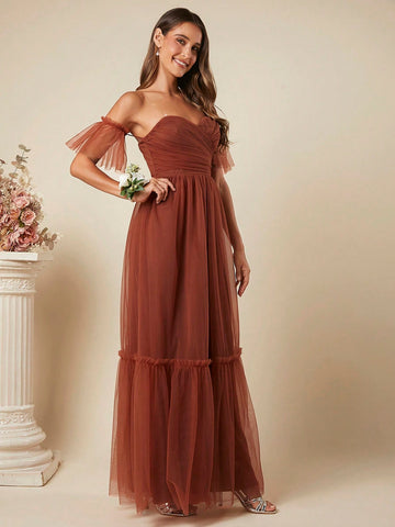 Belle Off Shoulder Ruched Ruffle Hem Mesh Maxi Dress