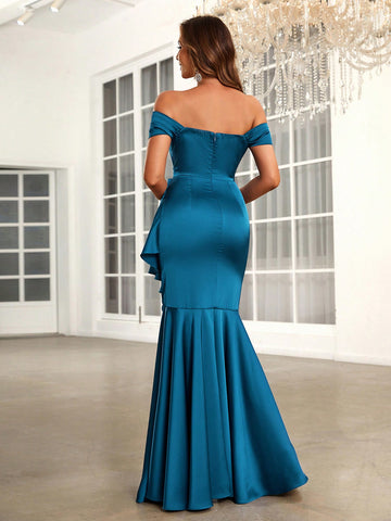 Off Shoulder Ruched Ruffle Trim Satin Formal Dress