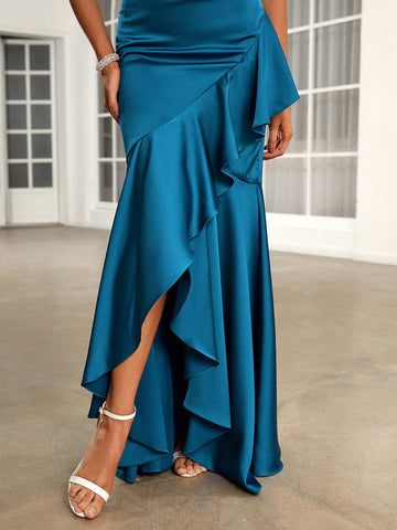 Off Shoulder Ruched Ruffle Trim Satin Formal Dress