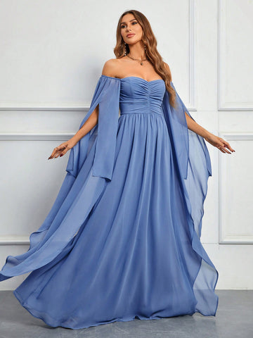 Off Shoulder Ruched Split Sleeve Chiffon Bridesmaid Dress