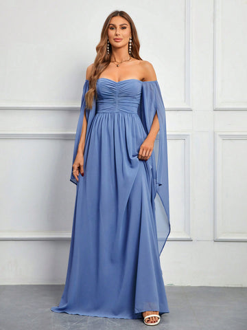 Off Shoulder Ruched Split Sleeve Chiffon Bridesmaid Dress
