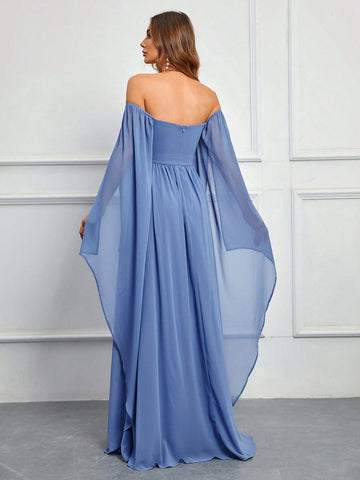 Off Shoulder Ruched Split Sleeve Chiffon Bridesmaid Dress