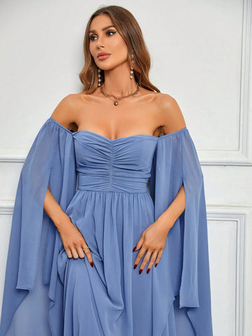 Off Shoulder Ruched Split Sleeve Chiffon Bridesmaid Dress