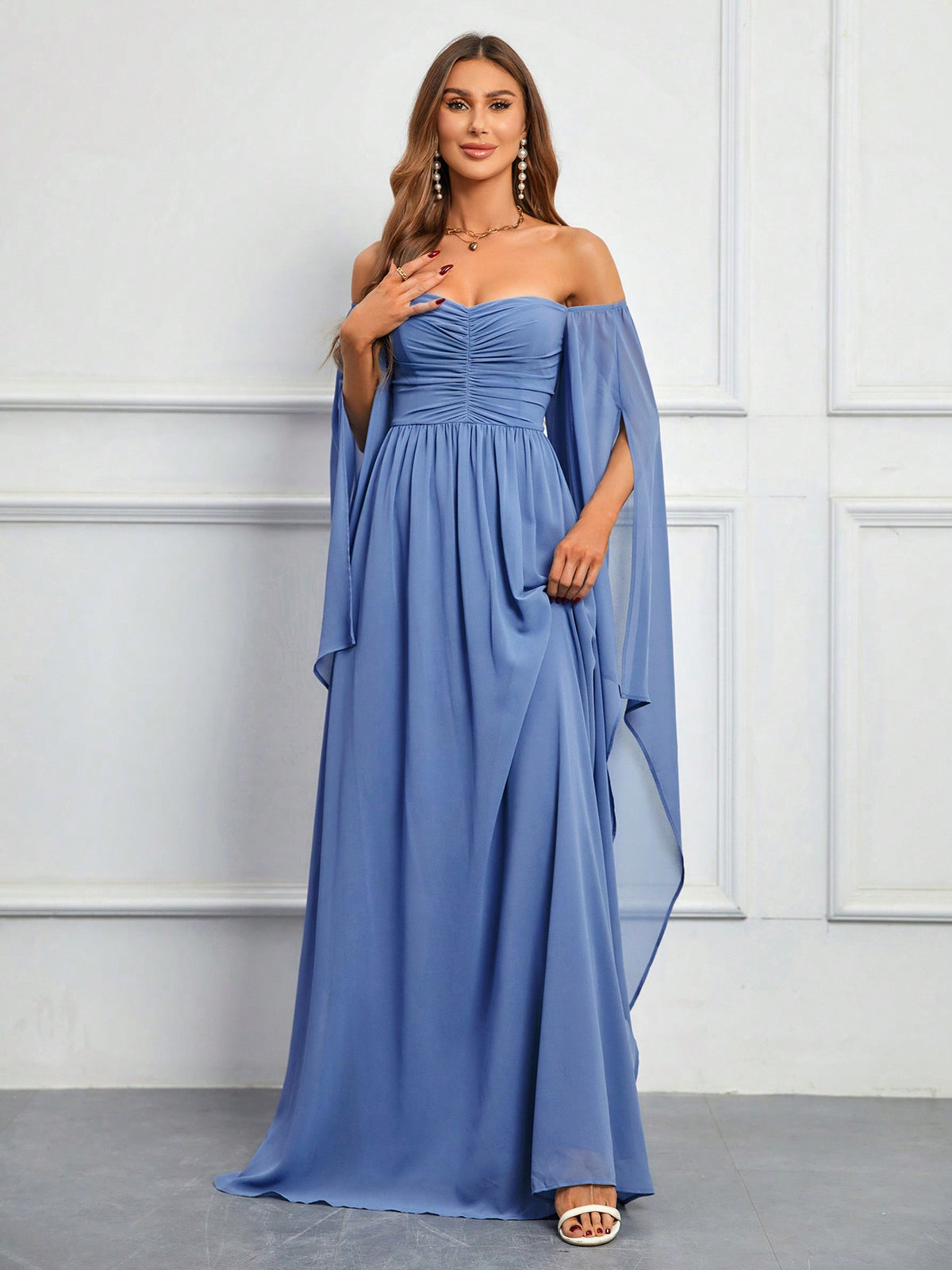 Off Shoulder Ruched Split Sleeve Chiffon Bridesmaid Dress