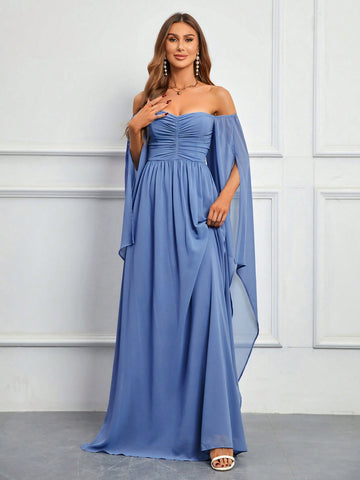 Off Shoulder Ruched Split Sleeve Chiffon Bridesmaid Dress