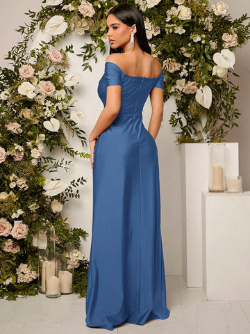 Off Shoulder Ruched Split Thigh Bridesmaid Dress